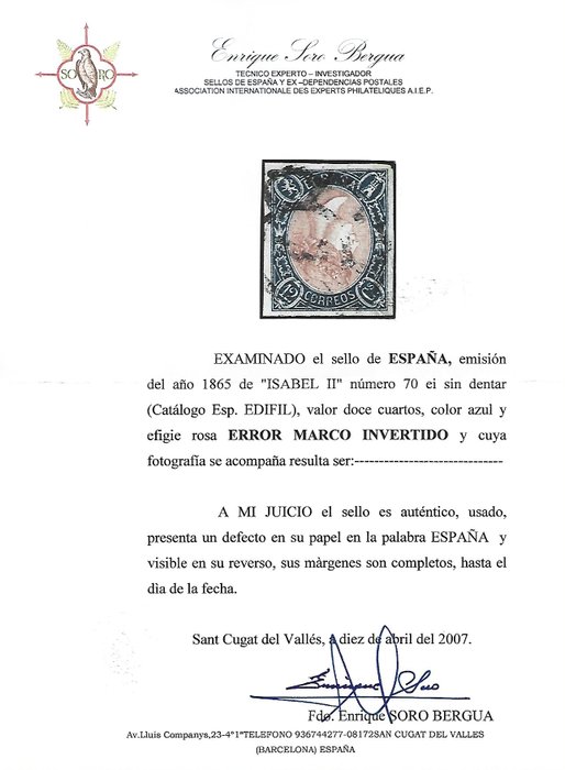 Spanien 1865 - 12 kvart omvendt stel certificeret soro - Edifil 70 ei