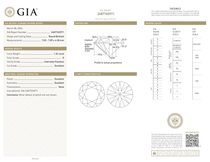 1 pcs Diamant  (Natur)  - 1.34 ct - Rund - D (farveløs) - IF - Gemological Institute of America (GIA)