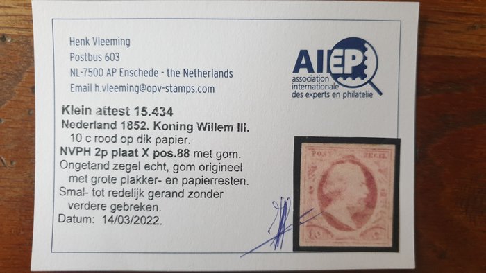 Holland 1852 - Kong Vilhelm III - NVPH 1/2