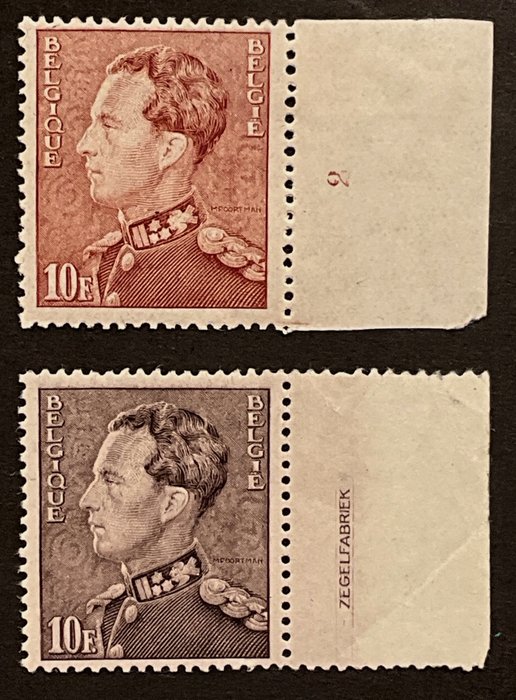 Belgien 1936 - Poortman 10 fr nuancer Lysebrun, lillagrå - POSTFRIS med plade nummer 2 + Seal Factory - OBP 434A / 434B - ZONDER RESERVEPRIJS