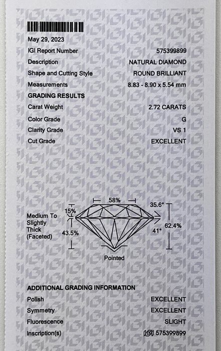 1 pcs Diamant  (Natur)  - 2.72 ct - Rund - G - VS1 - International Gemological Institute (IGI)