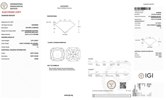 Ingen mindstepris - 1 pcs Diamant  (Naturfarvet)  - 0.57 ct - Radiant - Fancy intense Gullig Orange - I3 - International Gemological Institute (IGI)