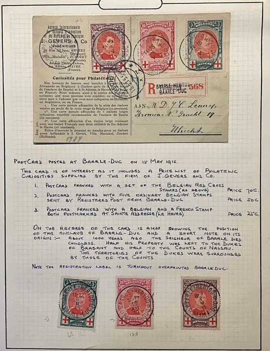 Belgien 1915/1915 - Udgave Albert I Røde Kors - Komplet Sæt stemplet Baarle-Hertog, inkl - OBP 132/134