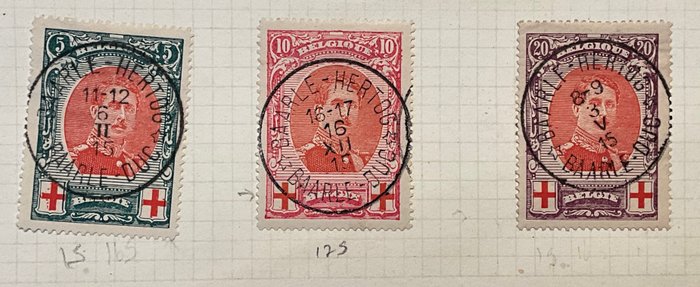 Belgien 1915/1915 - Udgave Albert I Røde Kors - Komplet Sæt stemplet Baarle-Hertog, inkl - OBP 132/134