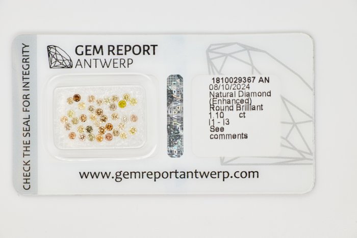 Ingen mindstepris - 37 pcs Diamant  (Farvebehandlet)  - 1.10 ct - Rund - I1, I2, I3 - Gem Report Antwerp (GRA) - INGEN RESERVEPRIS