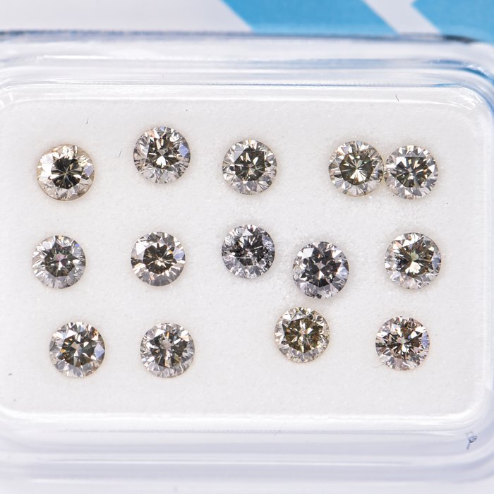 Ingen mindstepris - 14 pcs Diamant  (Naturfarvet)  - 1.07 ct - Rund - Fancy Brunlig, Grålig Gul - I1, I2 - International Gemological Institute (IGI)