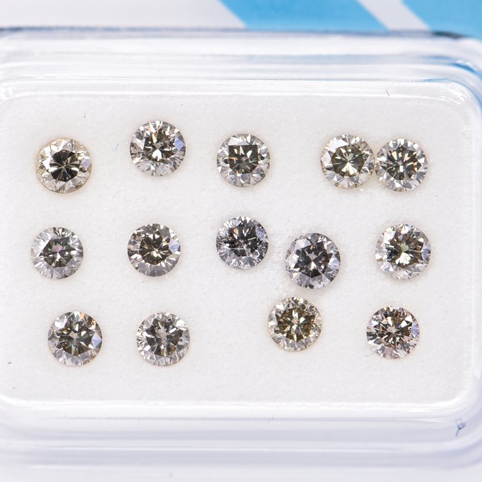 Ingen mindstepris - 14 pcs Diamant  (Naturfarvet)  - 1.07 ct - Rund - Fancy Brunlig, Grålig Gul - I1, I2 - International Gemological Institute (IGI)