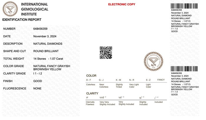 Ingen mindstepris - 14 pcs Diamant  (Naturfarvet)  - 1.07 ct - Rund - Fancy Brunlig, Grålig Gul - I1, I2 - International Gemological Institute (IGI)