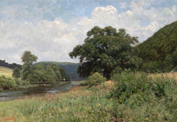 Julius Jacobus van de Sande Bakhuijzen (1835 - 1925) - Landschap met Brug over een Rivier - No Reserve