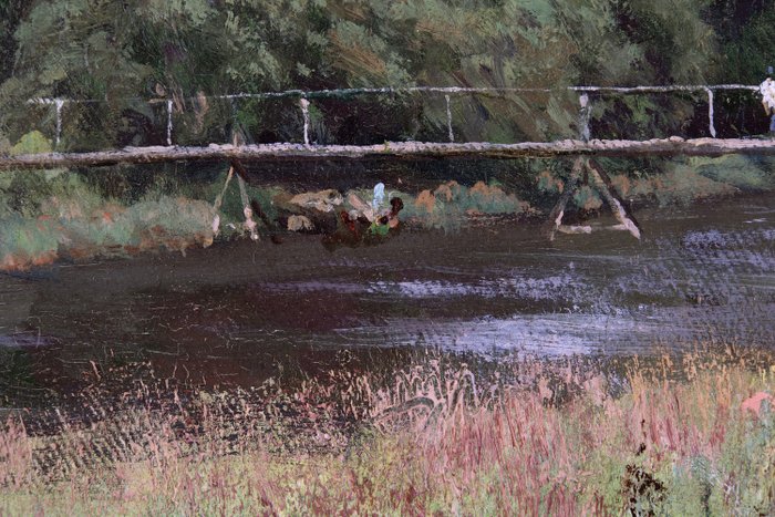 Julius Jacobus van de Sande Bakhuijzen (1835 - 1925) - Landschap met Brug over een Rivier - No Reserve