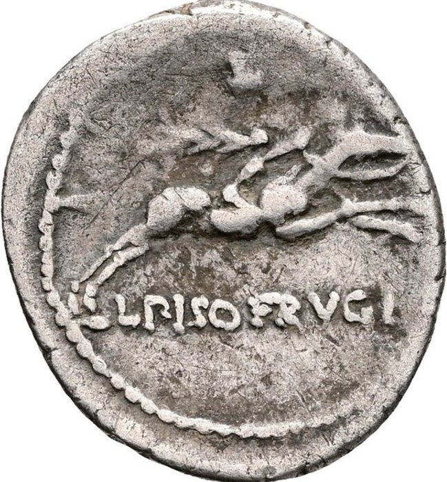 Romerska republiken. L. Calpurnius Piso L.f. L.n. Frugi, 90 f.Kr.. Denarius  (Ingen mindstepris)