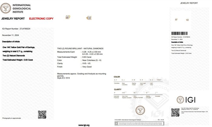 Ingen mindstepris - Øreringe - 14 karat Gulguld -  0.63ct. tw. Diamant (Natur) - Ideelt slebne diamanter