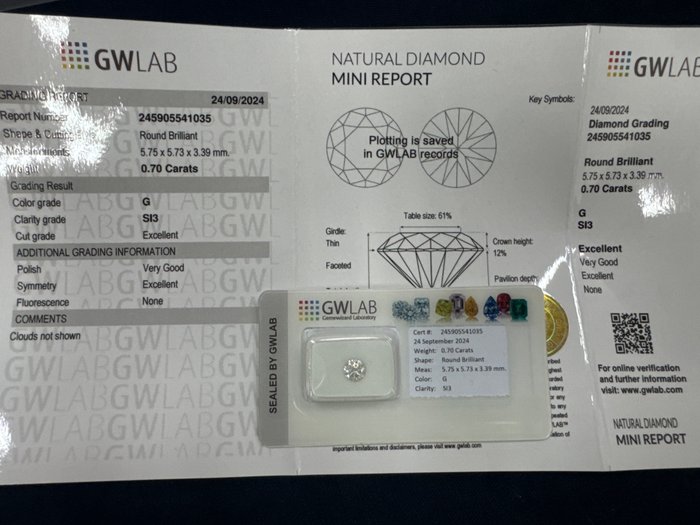 Ingen mindstepris - 1 pcs Diamant  (Natur)  - 0.70 ct - Rund - G - SI3 - Gemewizard Gemological Laboratory (GWLab)