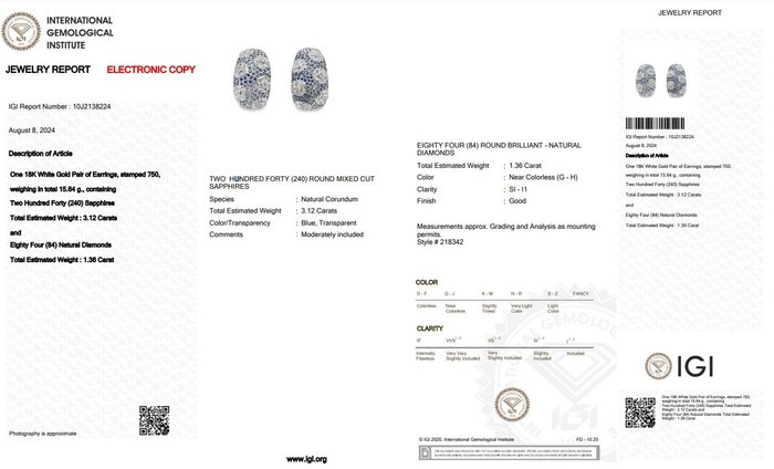 Øreringe - 18 kraat Hvidguld -  4.48ct. tw. Safir - Diamant