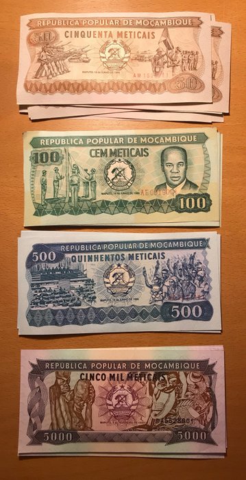 Mozambique. - 10 x 50, 100, 500, 5000 Metical 1980, 1986, 1989 (40 banknotes) - Pick 126, 129b, 131b, 133b  (Ingen mindstepris)