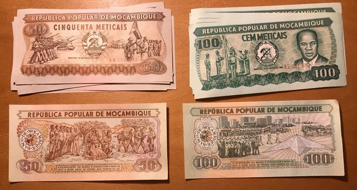 Mozambique. - 10 x 50, 100, 500, 5000 Metical 1980, 1986, 1989 (40 banknotes) - Pick 126, 129b, 131b, 133b  (Ingen mindstepris)