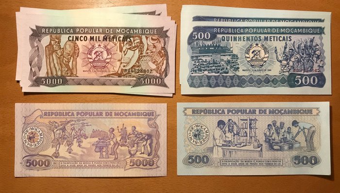 Mozambique. - 10 x 50, 100, 500, 5000 Metical 1980, 1986, 1989 (40 banknotes) - Pick 126, 129b, 131b, 133b  (Ingen mindstepris)