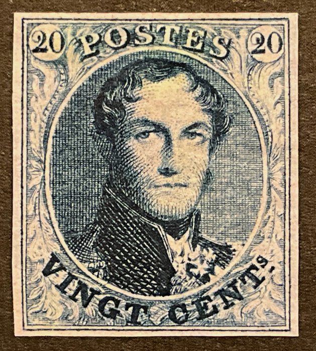 Belgien 1849/1850 - LUXURY MARGINS - King Leopold I: 'Medaillon' 20c Blue med vandmærke LL i rammen - OBP/COB 4 (licht getint papier)