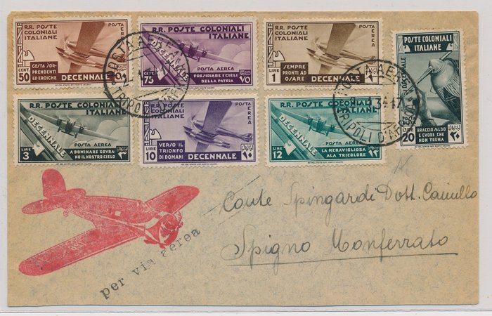 Italiensk Colonie-Emissioni Generali 1933 - "Posta aerea" (luftpost) 50 centesimi til 50 lire komplet på to luftpostbreve