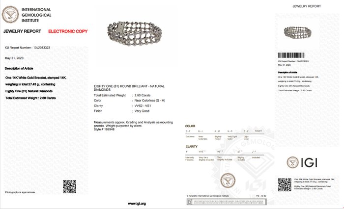 IGI certificate - 260 total carat of natural diamonds - 14 karat Hvidguld - Armbånd - 260 ct Diamant