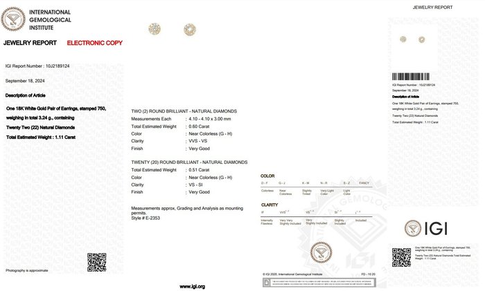 Øreringe - 18 kraat Gulguld -  1.11ct. tw. Diamant (Natur) - Diamant - super glimt