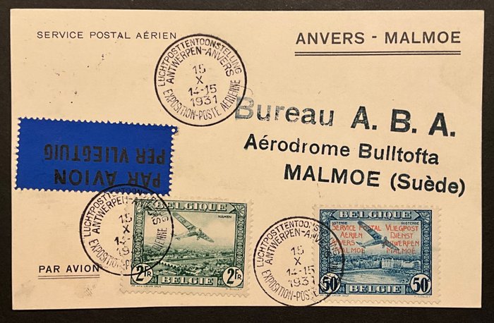 Belgien 1931 - Privat nummer "Air Stamp Exhibition in Antwerpen" - Komplet sæt beståede breve - OBP PR30/34