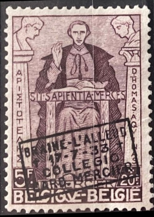 Belgien 1932/1933 - Kardinal Mercier med påtryk 'Braine L'Alleud': værdi 5F+20F Violet - OBP/COB 374H