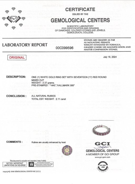 Ingen mindstepris - Ring - 14 karat Hvidguld -  2.11ct. tw. Rubin - GCI