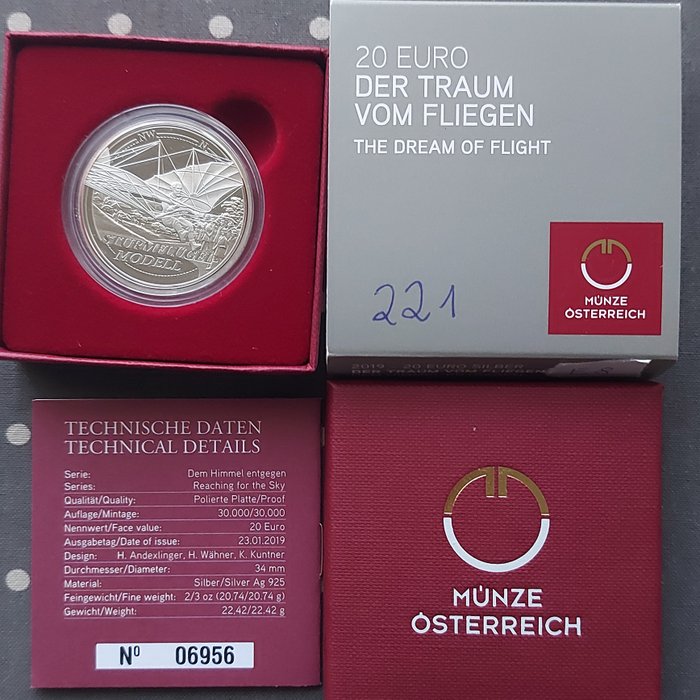 Østrig. 20 Euro 2019 "Dream of Flight - Reaching for the Sky" , Proof  (Ingen mindstepris)