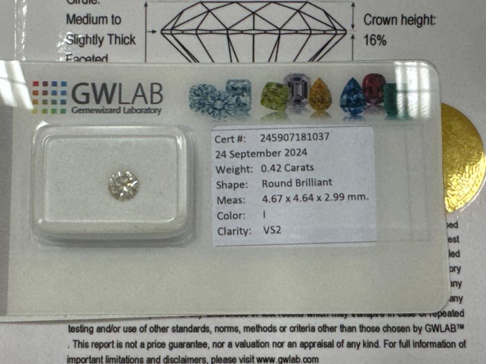 Ingen mindstepris - 1 pcs Diamant  (Natur)  - 0.42 ct - Rund - I - VS2 - Gemewizard Gemological Laboratory (GWLab)