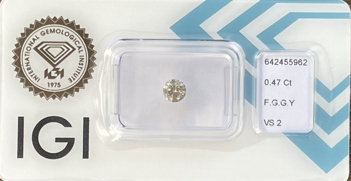 Ingen mindstepris - 1 pcs Diamant  (Naturfarvet)  - 0.47 ct - Rund - Fancy Grå, Grønlig Gul - VS2 - International Gemological Institute (IGI) - Fancy G.G.Y