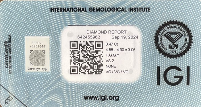 Ingen mindstepris - 1 pcs Diamant  (Naturfarvet)  - 0.47 ct - Rund - Fancy Grå, Grønlig Gul - VS2 - International Gemological Institute (IGI) - Fancy G.G.Y