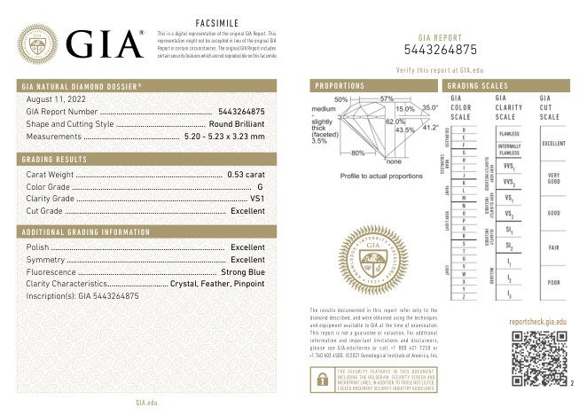 1 pcs Diamant  (Natur)  - 0.53 ct - Rund - G - VS1 - Gemological Institute of America (GIA)