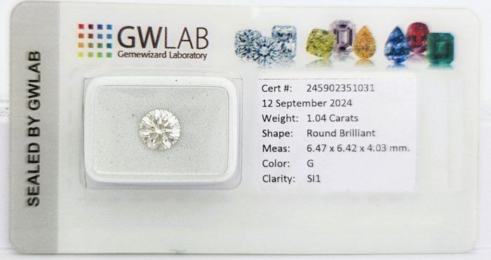 1 pcs Diamant  (Natur)  - 1.04 ct - Rund - G - SI1 - Gemewizard Gemological Laboratory (GWLab)