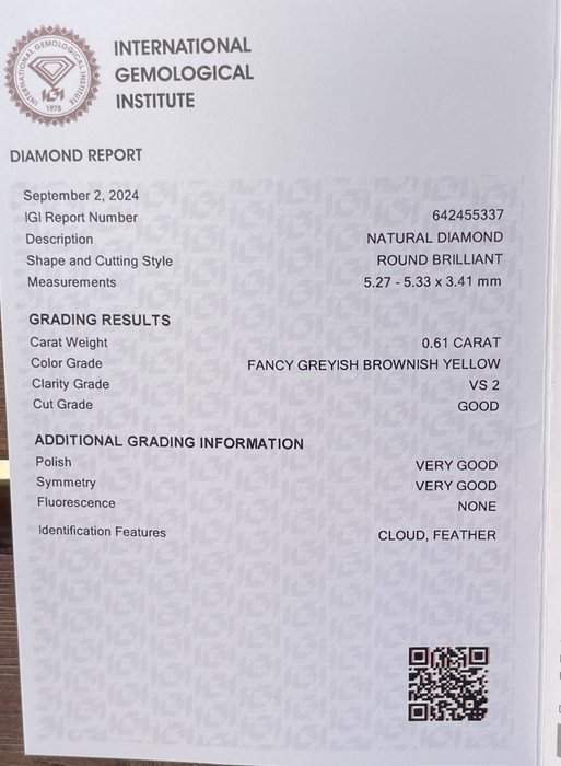 Ingen mindstepris - 1 pcs Diamant  (Natur)  - 0.61 ct - Rund - VS2 - International Gemological Institute (IGI) - F.G.B.Y