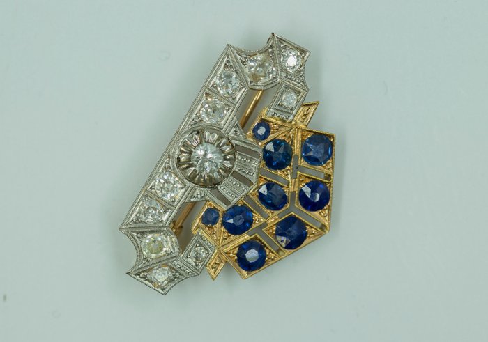 Broche - 18 kraat Gulguld, Platin Diamant (Natur)  - Safir