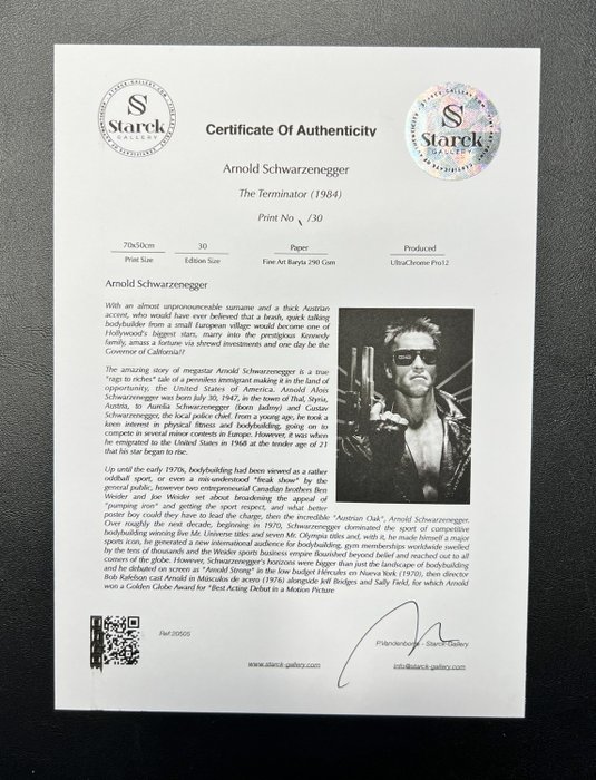 The Terminator (1984) - Arnold Schwarzenegger - Fine Art Photography - Luxury Wooden Framed 70X50 cm - Limited Edition Nr 08 of 30 - Serial ID 20499 - Original Certificate (COA) Hologram Logo Editor and QR Code - 100% New items