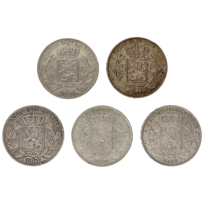 Belgien 5 Francs 1850/1873 - " Leopold I  Leopold II" (5 stuks)  (Ingen mindstepris)