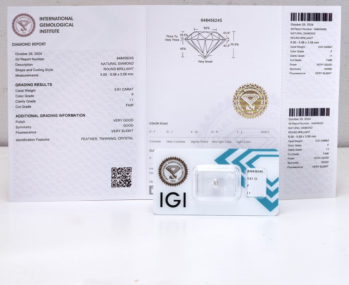 1 pcs Diamant  (Natur)  - 0.61 ct - Rund - F - I1 - International Gemological Institute (IGI)