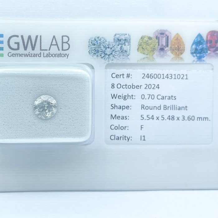 Ingen mindstepris - 1 pcs Diamant  (Natur)  - 0.70 ct - Rund - F - I1 - Gemewizard Gemological Laboratory (GWLab)