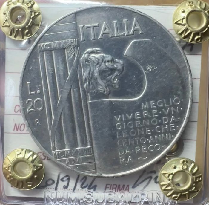 Italien, Kongeriget Italien. Vittorio Emanuele III di Savoia (1900-1946). 20 Lire 1928 " Elmetto "