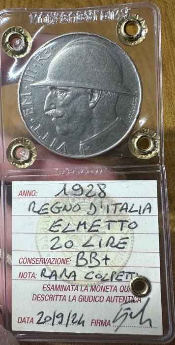 Italien, Kongeriget Italien. Vittorio Emanuele III di Savoia (1900-1946). 20 Lire 1928 " Elmetto "