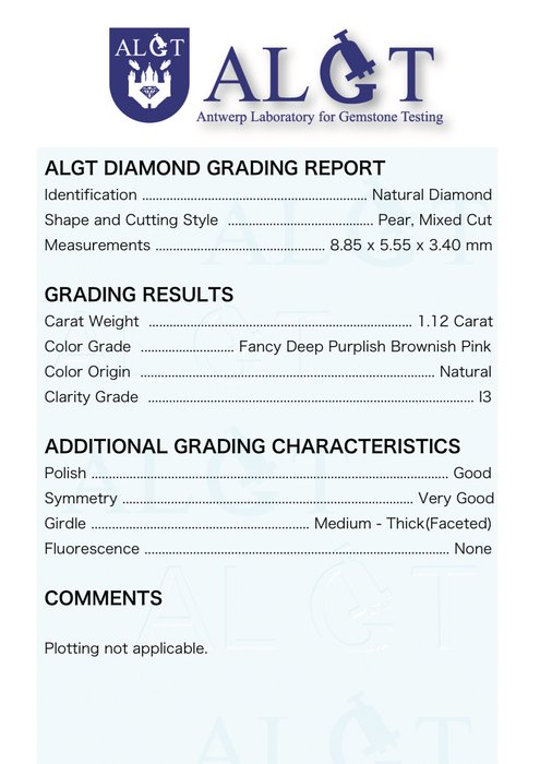 1 pcs Diamant  (Naturfarvet)  - 1.12 ct - Pære - Fancy deep Brunlig, Lille nuance Lyserød - I3 - Antwerp Laboratory for Gemstone Testing (ALGT)