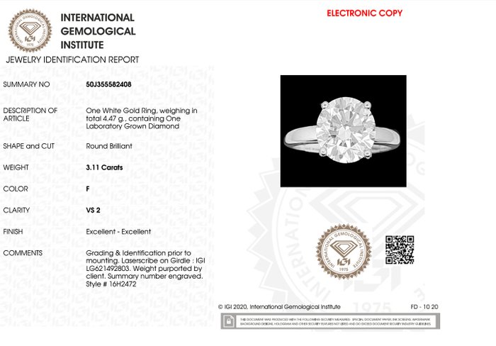 Ring - 18 kraat Hvidguld -  3.11ct. tw. Diamant (Laboratoriedyrket)