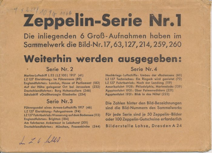 Tyske imperium - Zeppelin  - 5 billeder i ægte bromsølv i stort format fra "Zeppelin Series No. 1" med kuvert - Rückseitig mit Zudruck " Groß-Aufnahme aus der Serie Zeppelin Weltfahrten"