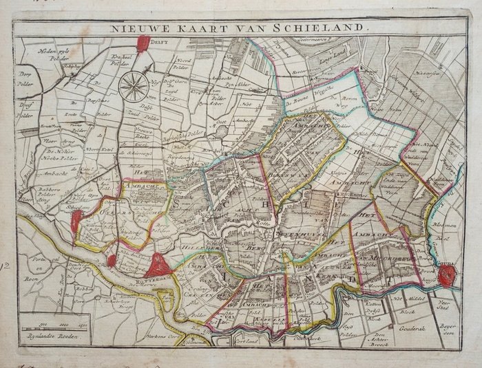 Holland - Rotterdam og omegn; H de Leth - Nieuwe Kaart Van Schieland - 1740