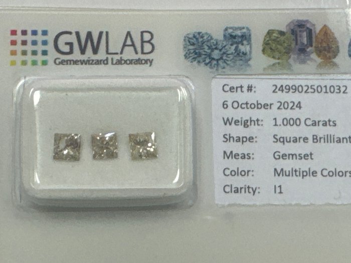 Ingen mindstepris - 3 pcs Diamant  (Naturfarvet)  - 1.00 ct - Kvadrat Blandede farver - I1 - Gemewizard Gemological Laboratory (GWLab)