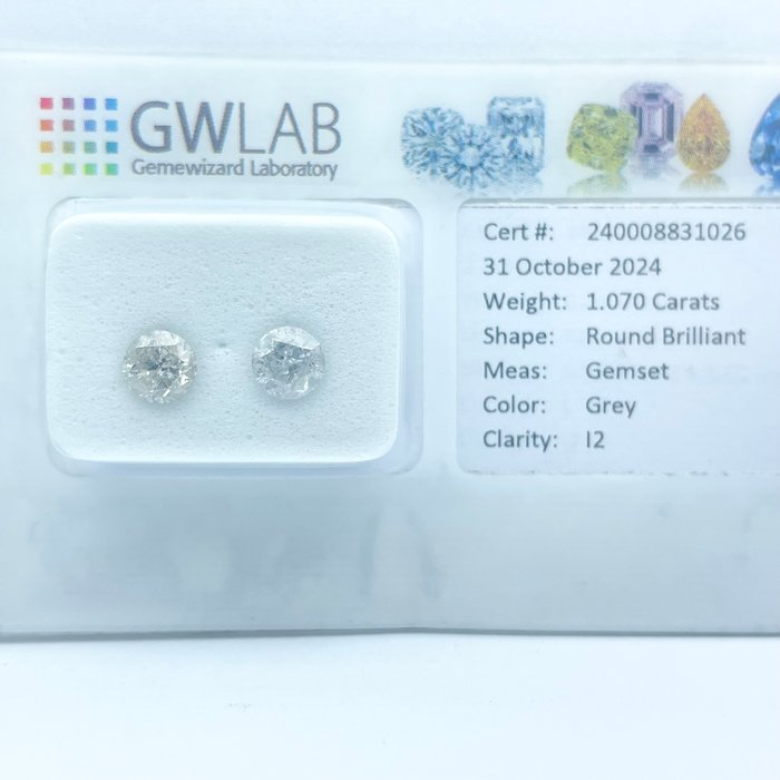 Ingen mindstepris - 2 pcs Diamant  (Naturfarvet)  - 1.07 ct - Rund Grå - I2 - Gemewizard Gemological Laboratory (GWLab)