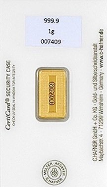 1 gram - Guld 999 - C. Hafner, Germany - Forseglet  Med certifikat  (Ingen mindstepris)