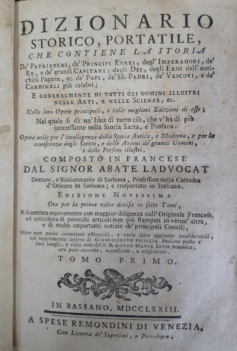 Abate Ladvocat - Dizionario Storico Portatile che contiene La Storia de Patriarchi - 1773